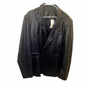 Giovanco Men’s Crocodile Pattern PU Leather One Button Jacket  Blazer  Navy Blue